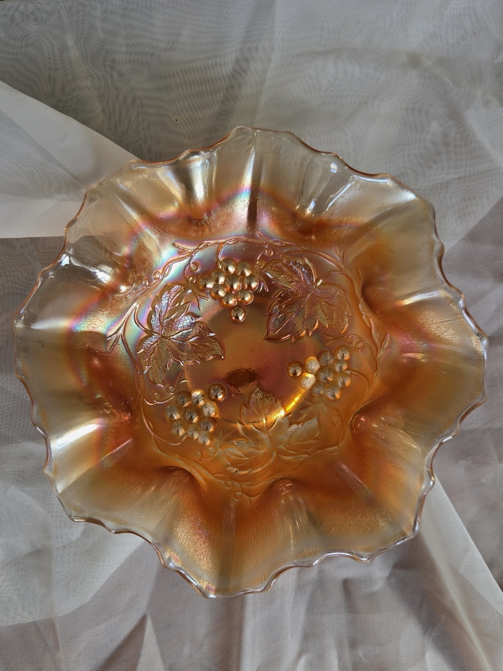 Vintage Imperial Glass Marigold Carnival Glass Ruffled Bowl Grape Pattern